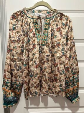 Skies are Blue Floral Boho Peasant Top in Cream, Teal and Orange